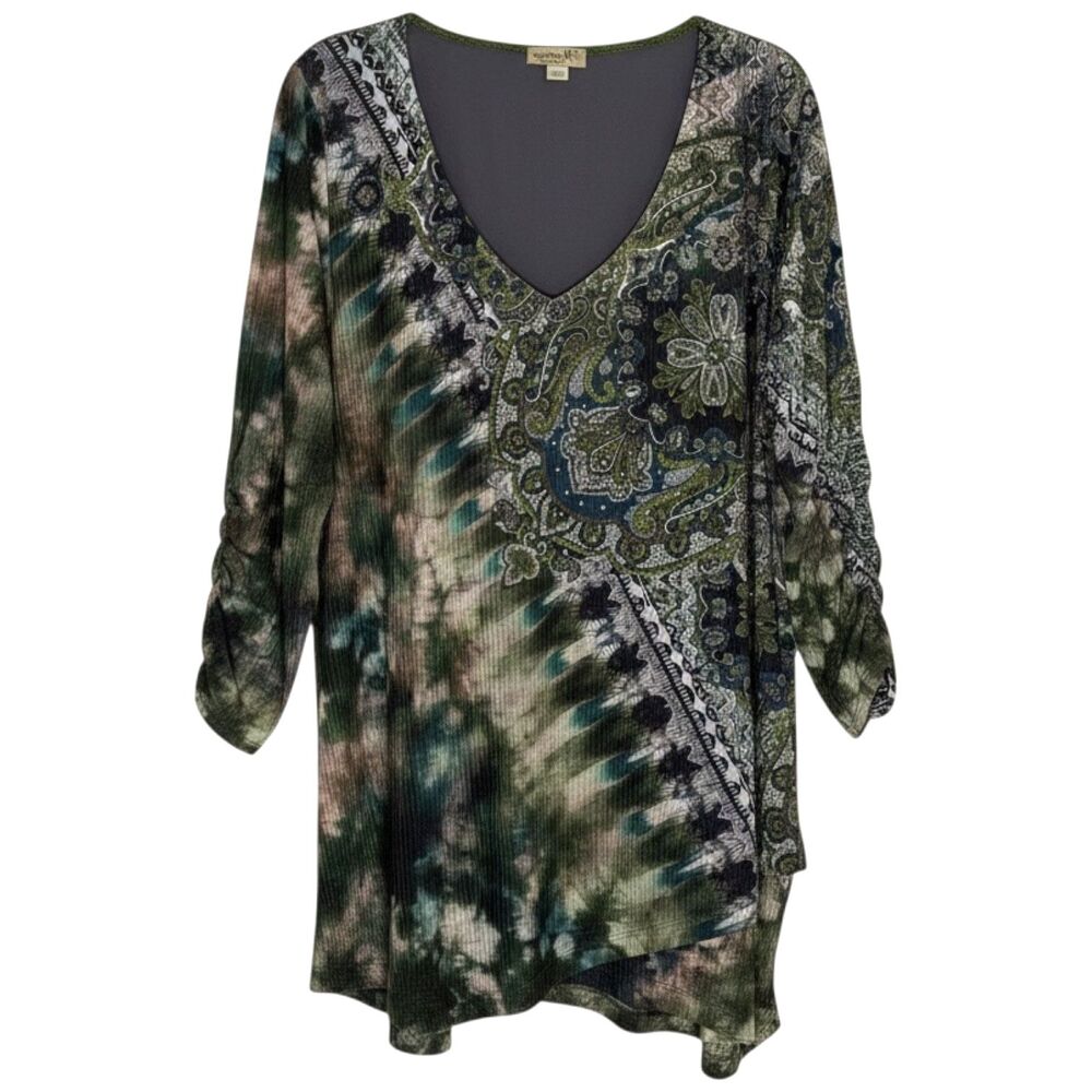 One World Slinky Knit Ruched Tunic Top Blouse Shirt Paisley Tie Dye Green 2X